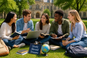 International students studying together at a modern university campus
