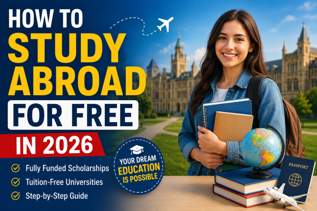 this is a flyer showing a blog post of how to study abroad for free in 2026