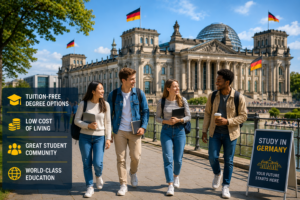 Students walking through a university campus in Germany